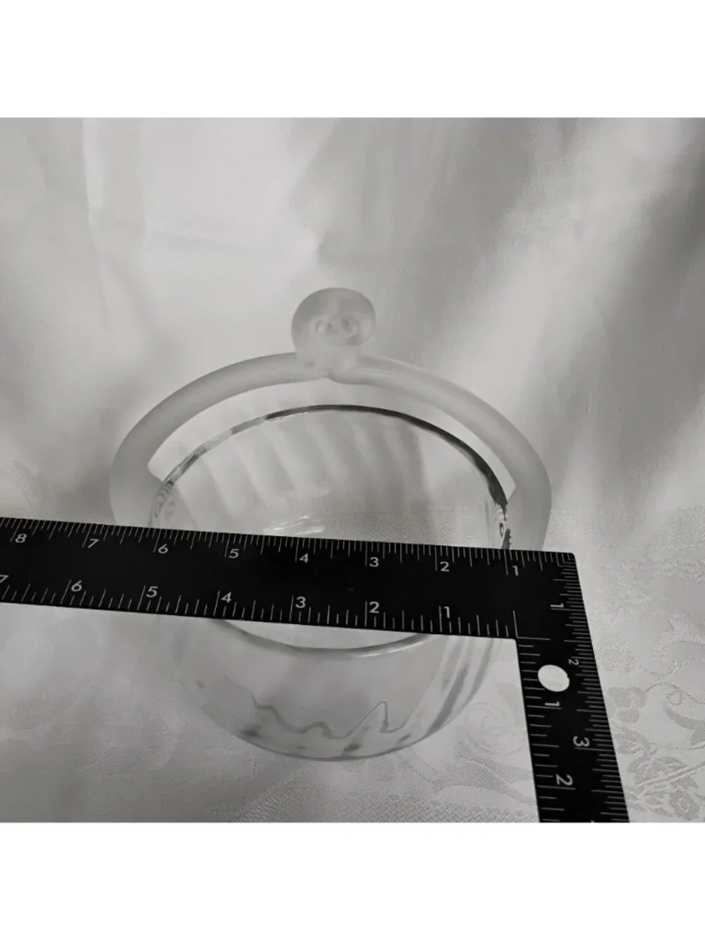 Vintage 70s Hand Blown Clear Art Glass Optic Basket, Frosted Satin Handle, MCM
